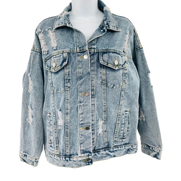 J.NNA Women's Distressed Denim Jean Jacket Small Flower Patch Beads Sequins - Picture 4 of 14